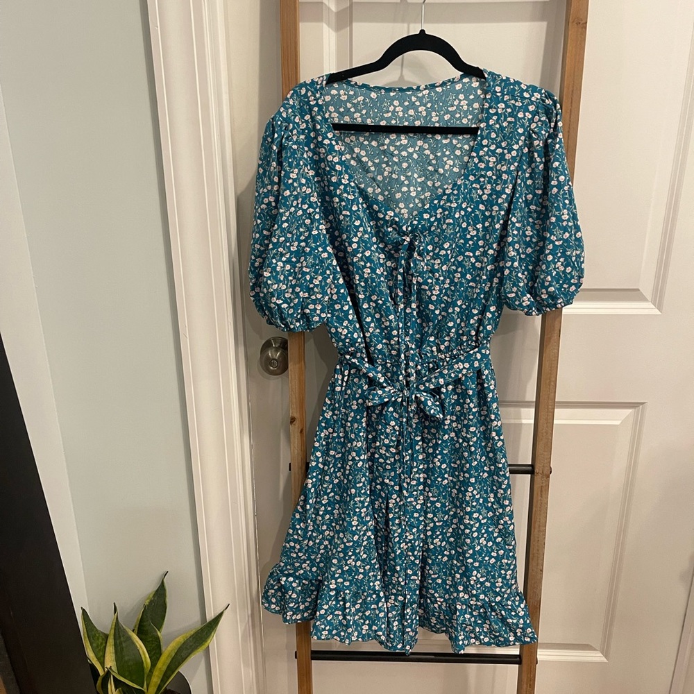 Teal and pink floral dress.